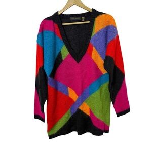 Dana Brooke Medium Mohair Multicolor Colorblock Oversized Sweater Eclectic Knit